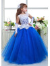 White Lace Royal Blue Tulle Keyhole Back Romantic Flower Girl Dress